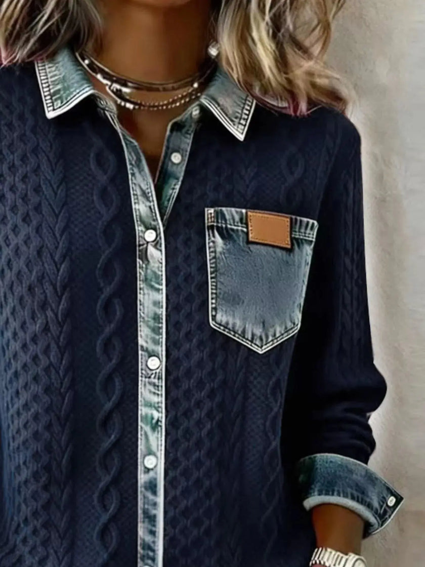 Denim Trim Cable Knit Top  Style Ratio