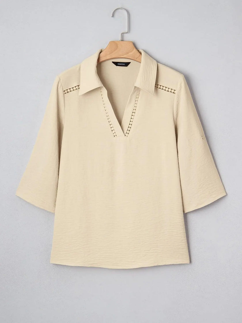 Johnny Collar Roll-Up Sleeve Blouse  Style Ratio