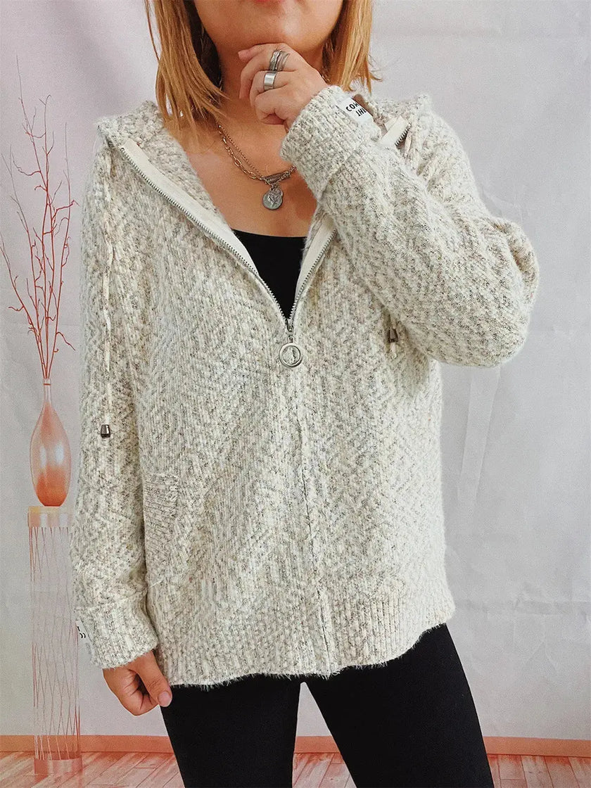 Zip Up Drawstring Long Sleeve Hooded Sweater  Style Ratio