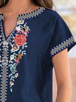 Full Size Floral Notched Short Sleeve Blouse  Style Ratio
