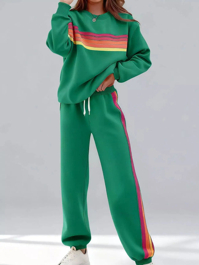 Striped Round Neck Sweatshirt and Pants Set  Style Ratio