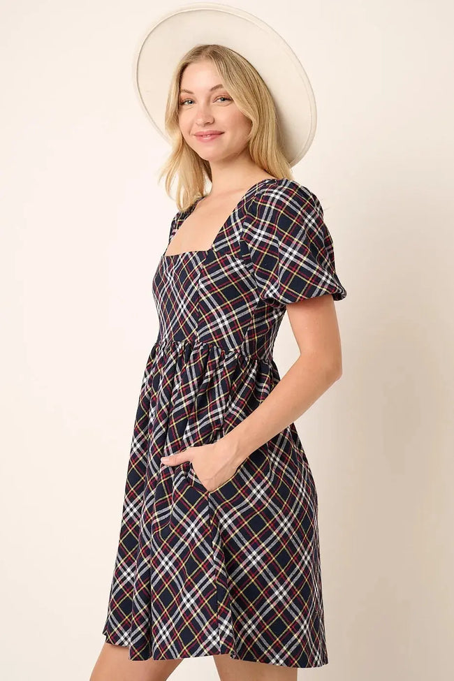 Mittoshop Checkered Print Puff Sleeve Babydoll Mini Dress  Style Ratio