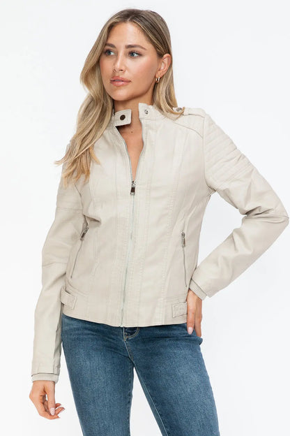 Snobbish Leather Biker Jacket with Side Zip Pockets Trendsi