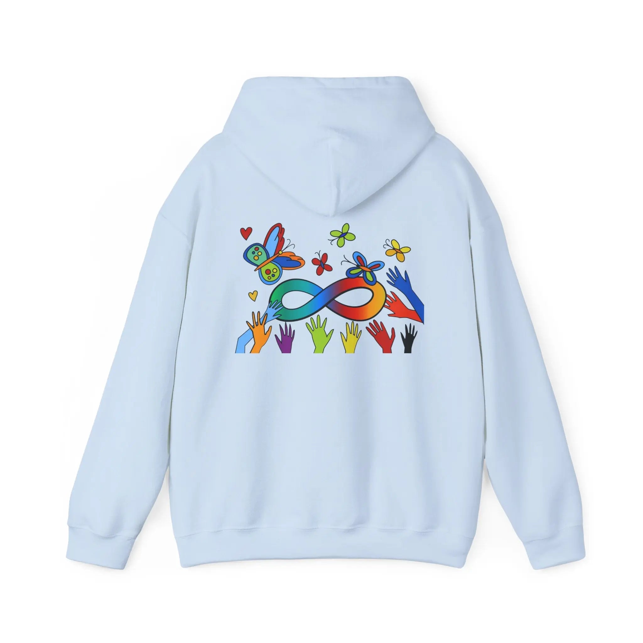 Neurospicy: Colorful Hands w/Words & Butterflies Design Hoodie  Style Ratio