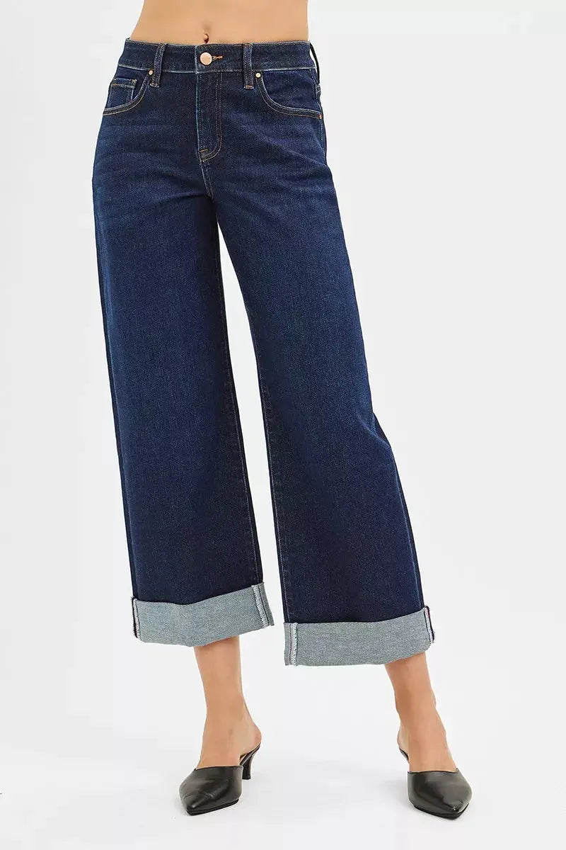 RISEN Mid Rise Fit Ankle Wide Roll Up Jeans  Style Ratio