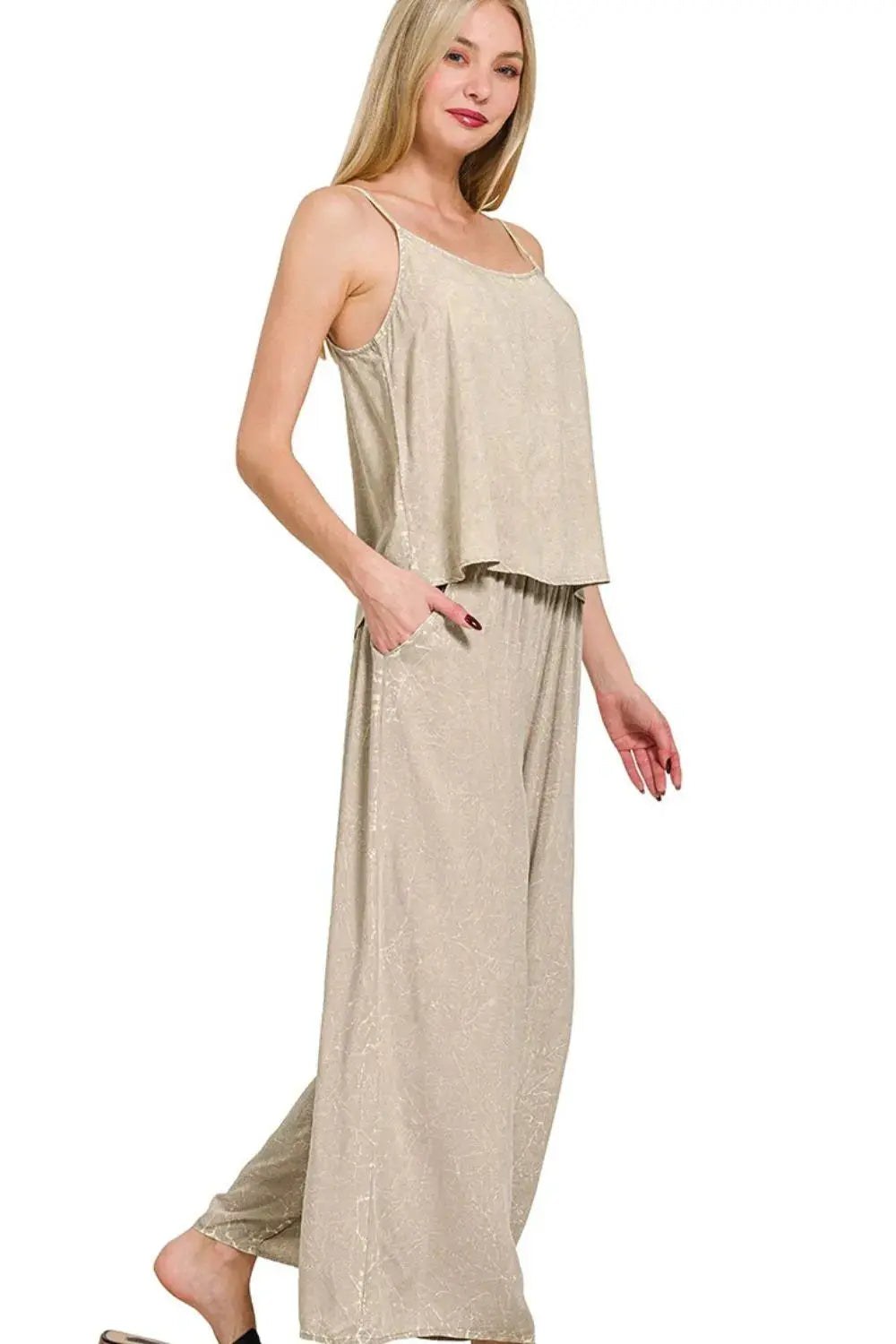 Zenana Woven Acid Crinkle Washed Cami & Pants 2 Piece Set  Style Ratio