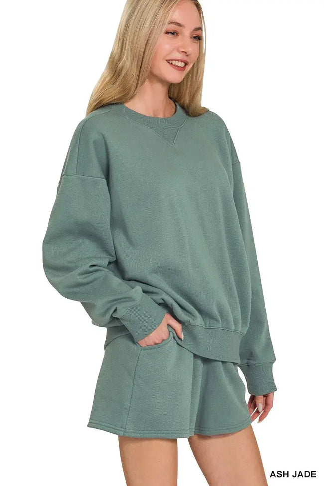Zenana Fleece Long Sleeve Sweatshirts & Shorts Set  Style Ratio