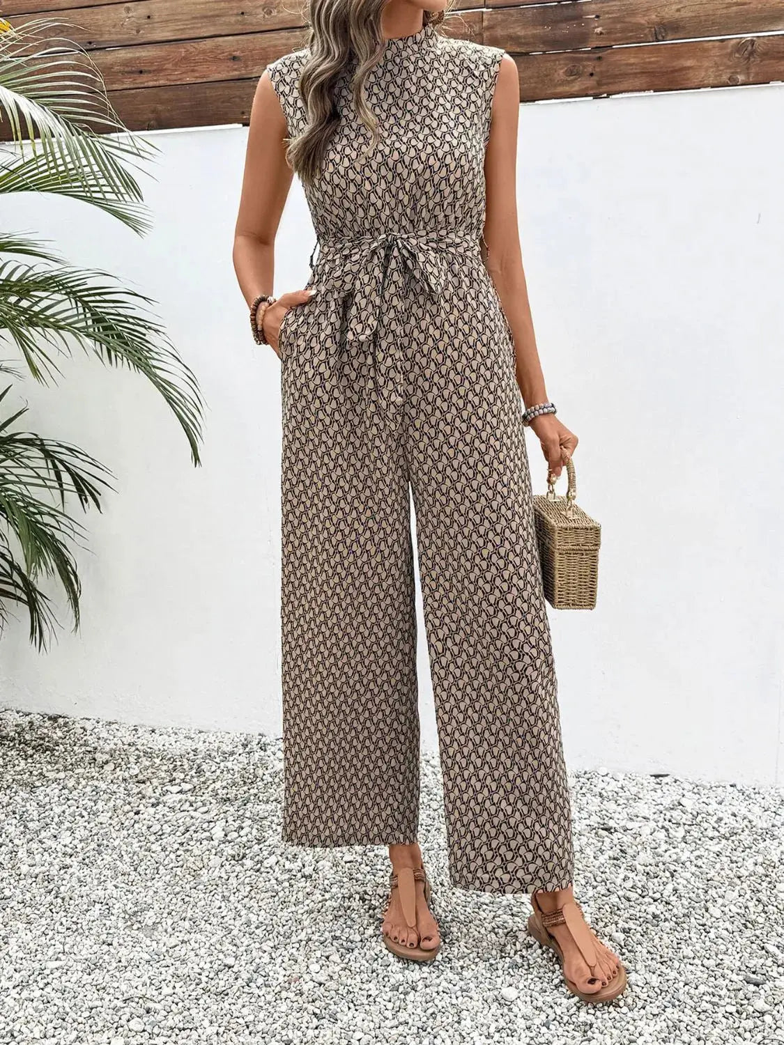 Printed Mock Neck Sleeveless Jumpsuit  Style Ratio
