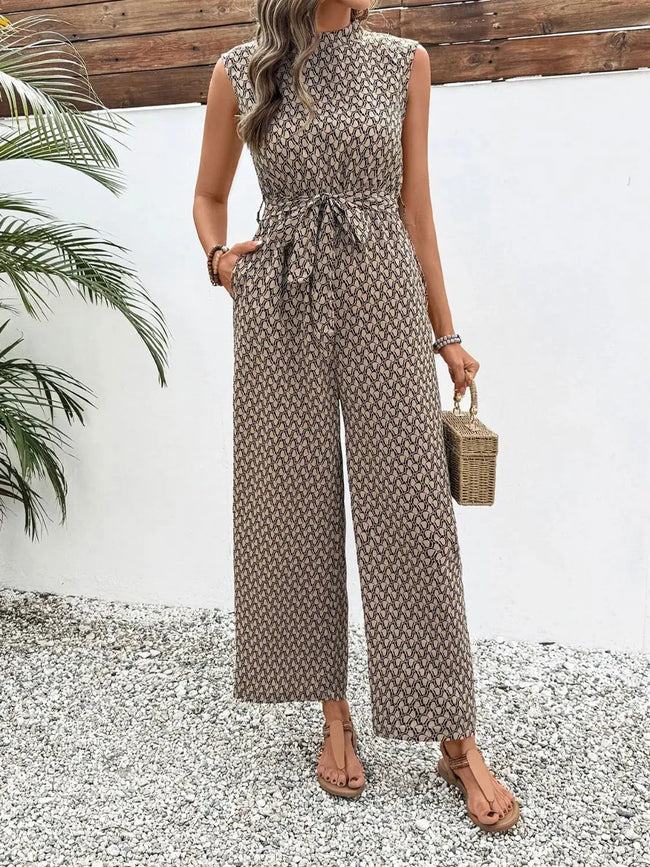 Printed Mock Neck Sleeveless Jumpsuit  Style Ratio