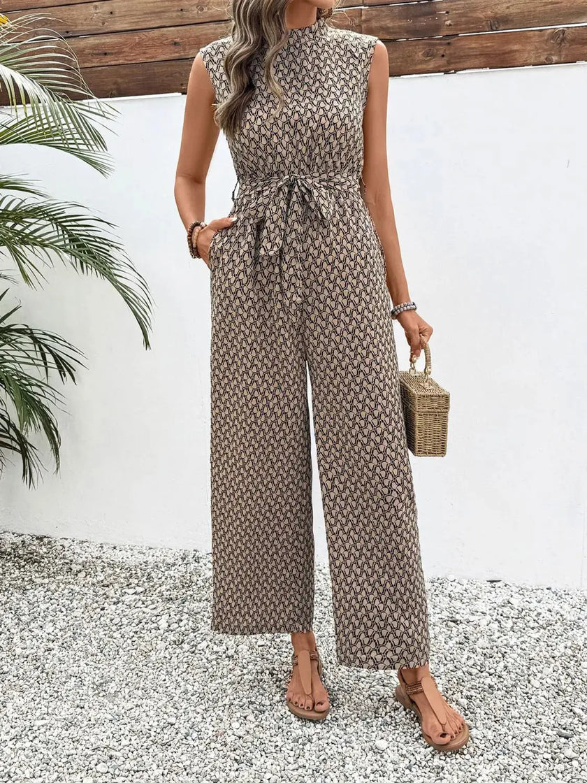 Printed Mock Neck Sleeveless Jumpsuit  Style Ratio