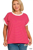Zenana Full Size Contrast Trim Cap Sleeve Stripe Sweater  Style Ratio