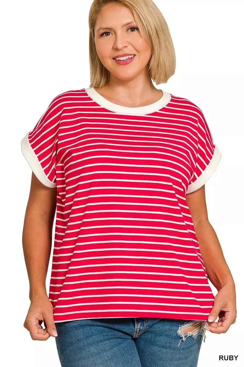 Zenana Full Size Contrast Trim Cap Sleeve Stripe Sweater  Style Ratio