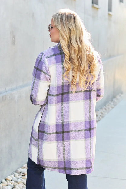 Double Take Plaid Button Up Lapel Collar Coat Trendsi