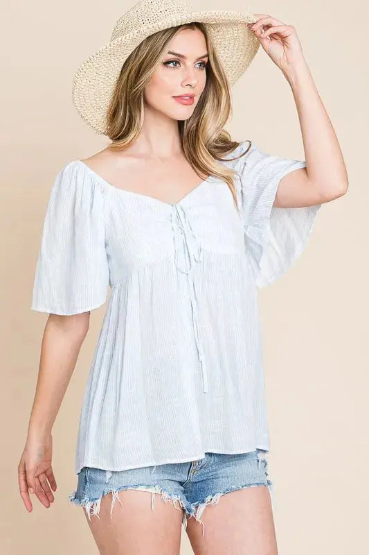 Lime N Chili Thin Striped with Tie Front Babydoll Blouse  Style Ratio
