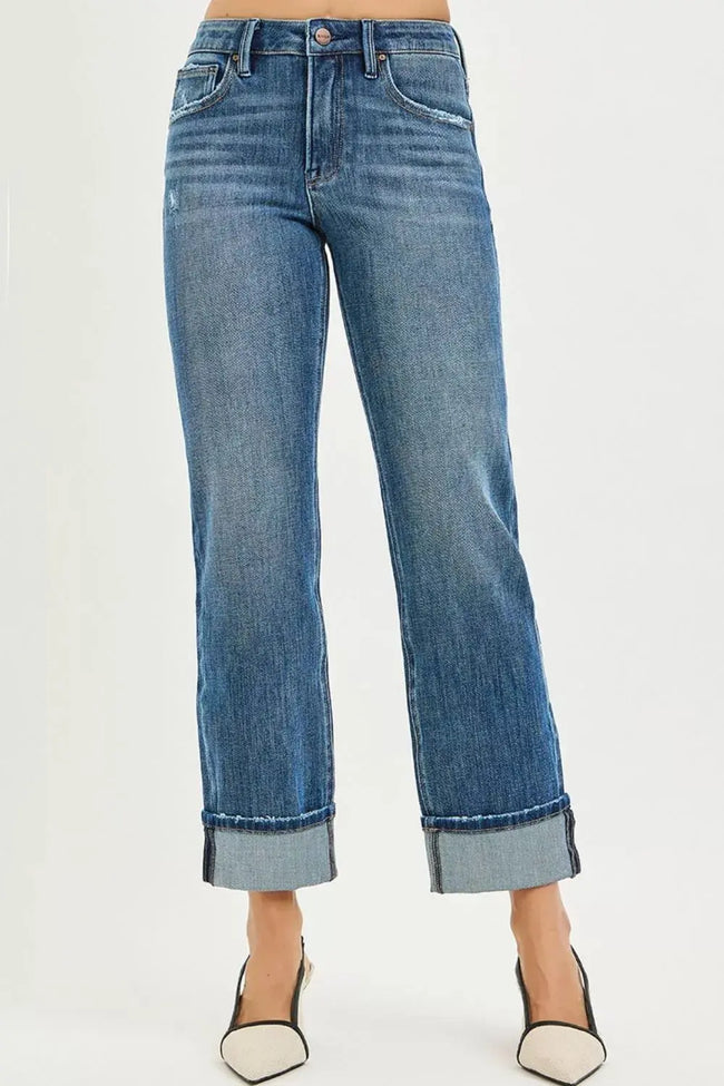 RISEN Full Size 4 Way Stretch Slouchy Straight Jeans with Cuffed Hem  Style Ratio