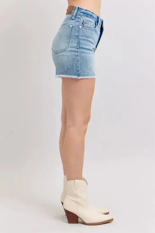 Judy Blue High Waist Western Embroidery Detail Cut Off Denim Shorts  Style Ratio
