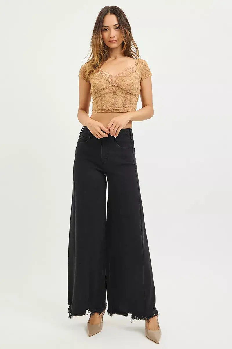 RISEN Tummy Control High Rise Palazzo Leg Frayed Hem Jeans  Style Ratio