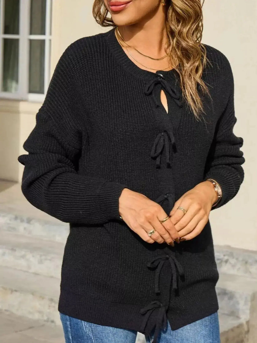 Ribbed Knit Bow Tie Cardigan  Style Ratio