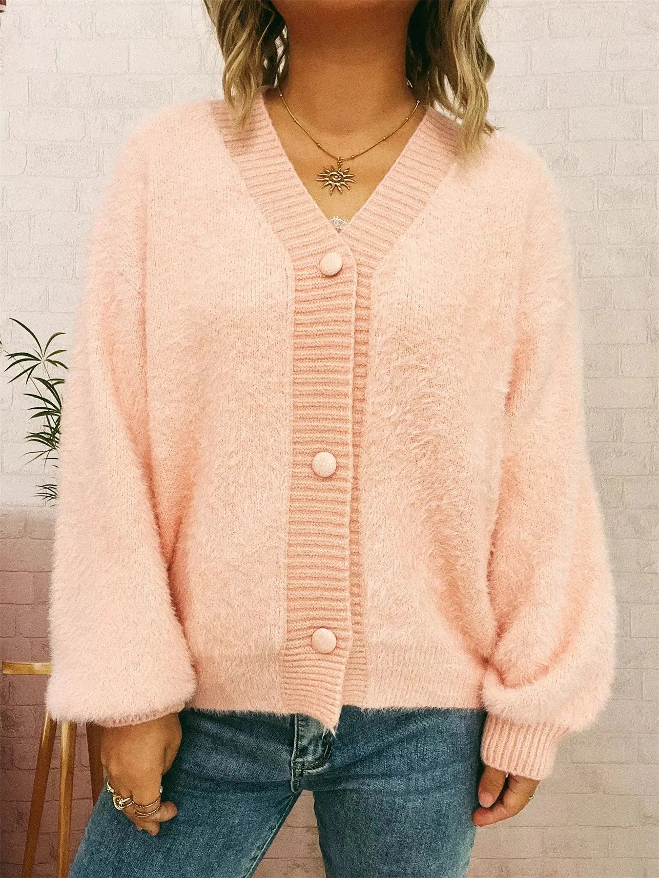 Fuzzy Button-Up Long Sleeve Cardigan  Style Ratio