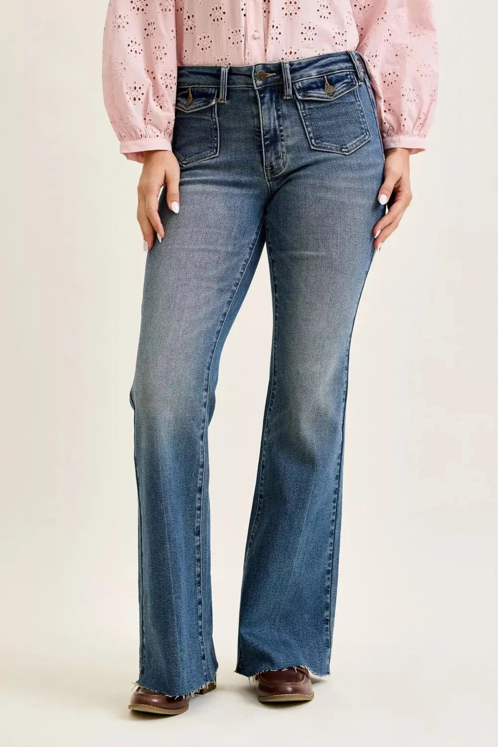 Judy Blue Mid Rise Flare Jeans with Front Flap Pockets  Style Ratio