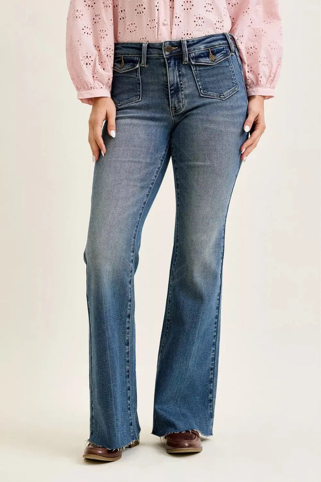 Judy Blue Mid Rise Flare Jeans with Front Flap Pockets  Style Ratio