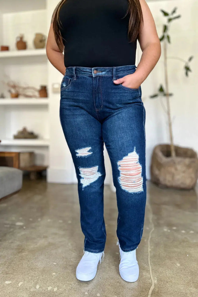 Judy Blue High Waist Rigid Magic Heavy Destroy Straight Jeans  Style Ratio