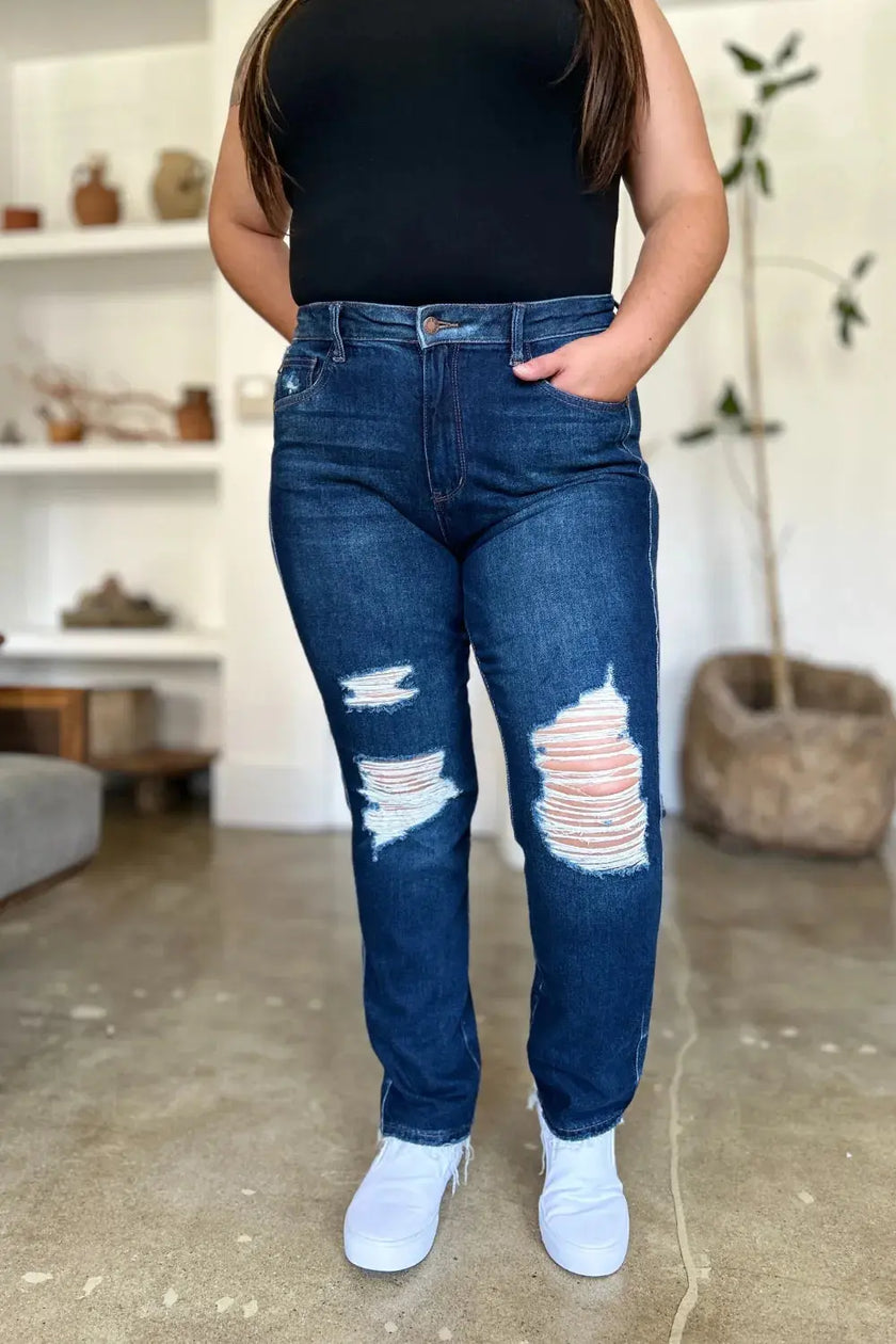 Judy Blue High Waist Rigid Magic Heavy Destroy Straight Jeans  Style Ratio