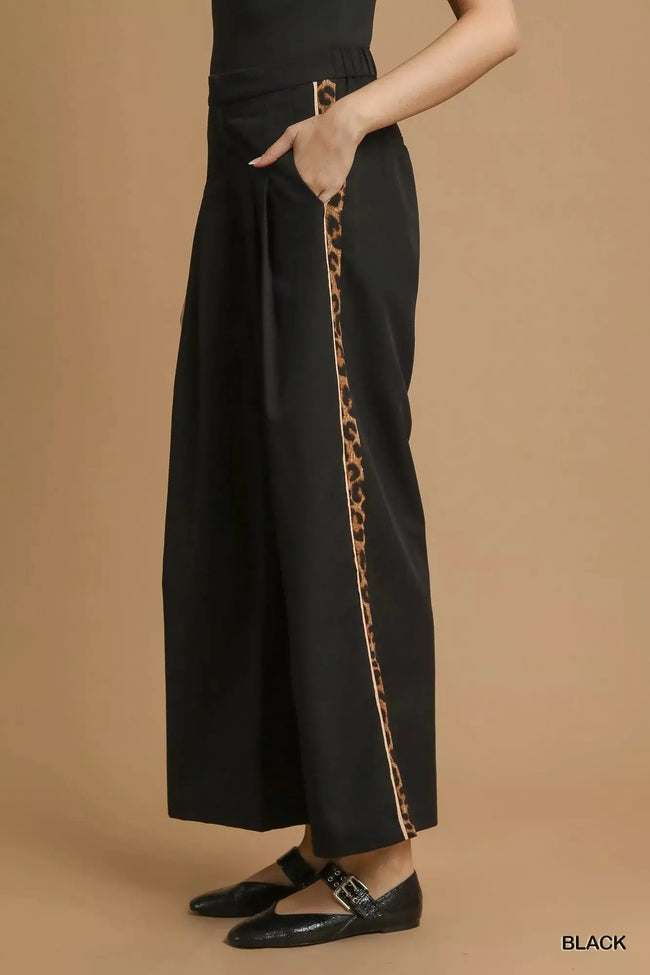 Umgee Front Pleated Wide Leg Pants with Contrast Trim  Style Ratio