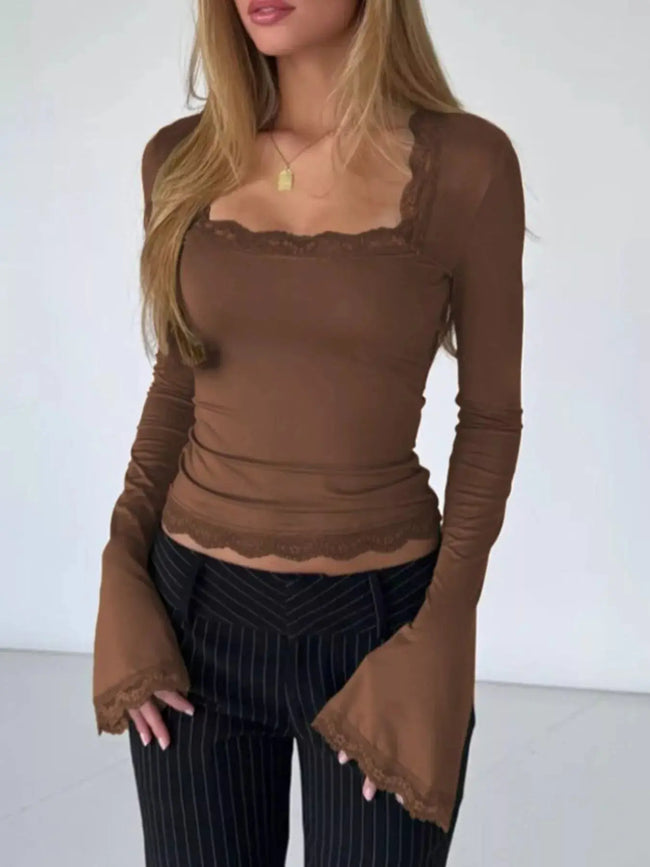 Lace Trim Square Neck Long Sleeve Top  Style Ratio
