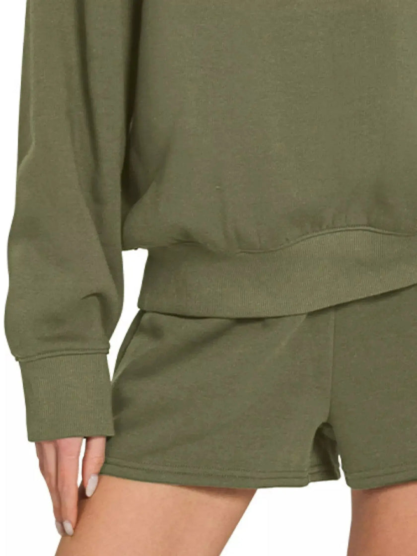 Zenana Fleece Long Sleeve Sweatshirts & Shorts Set  Style Ratio