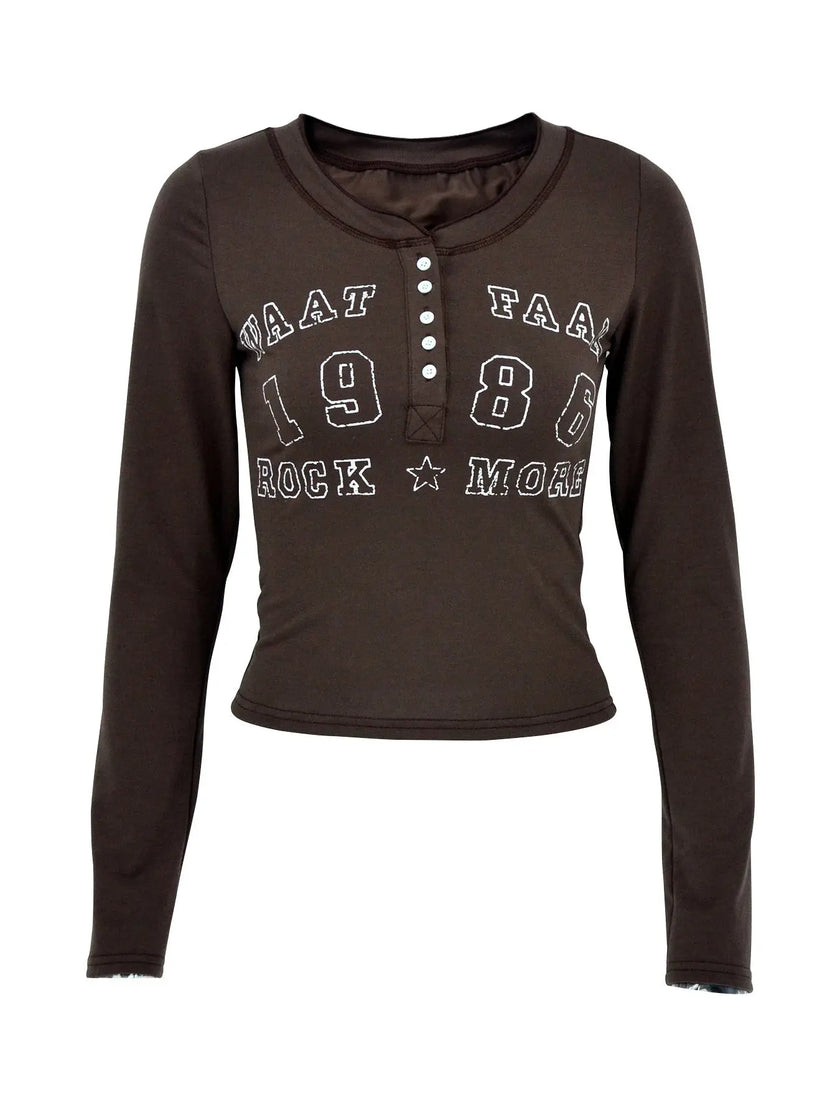 Letter Graphic Button Detail Long Sleeve Shirt  Style Ratio