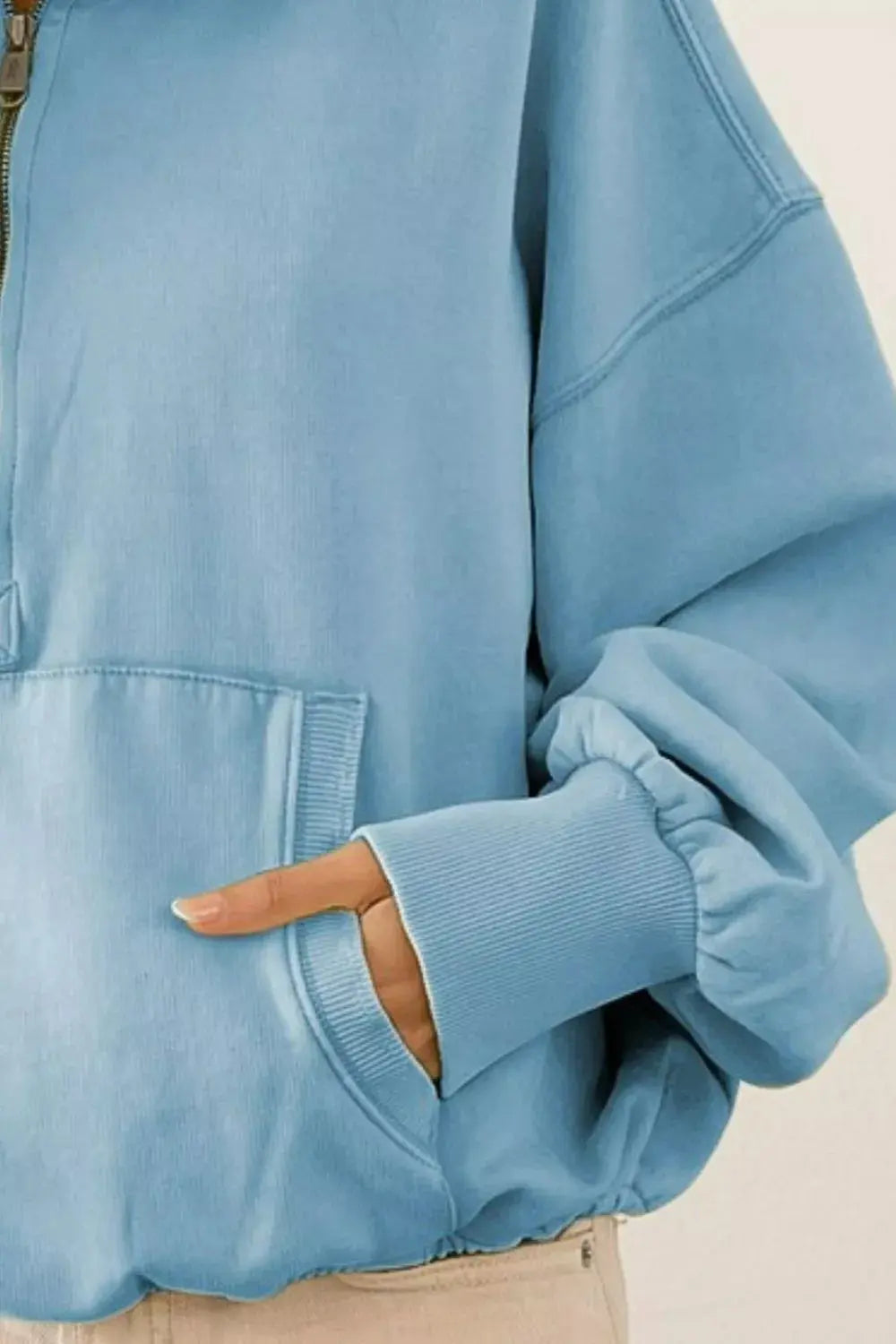 BiBi Stitch Detailed Elastic Hem Half Zip Fleece Hoodie  Style Ratio