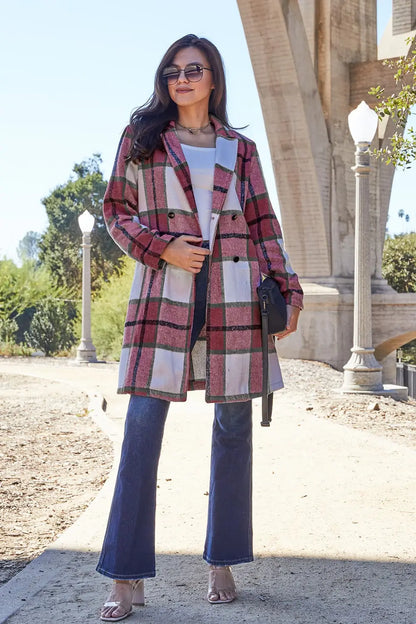Double Take Plaid Button Up Lapel Collar Coat Trendsi