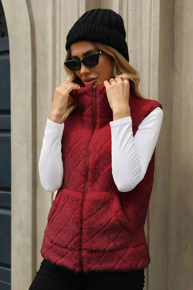 Fuzzy Plaid Texture Zip Up Vest Coat  Style Ratio
