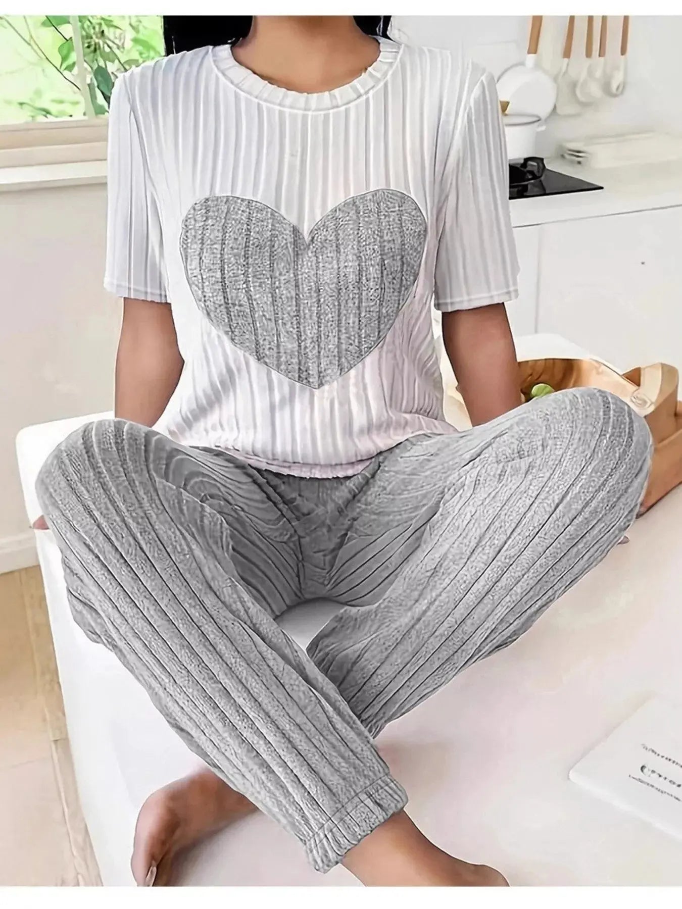 Heart Ribbed Knit Top and Pants Lounge Set  Style Ratio