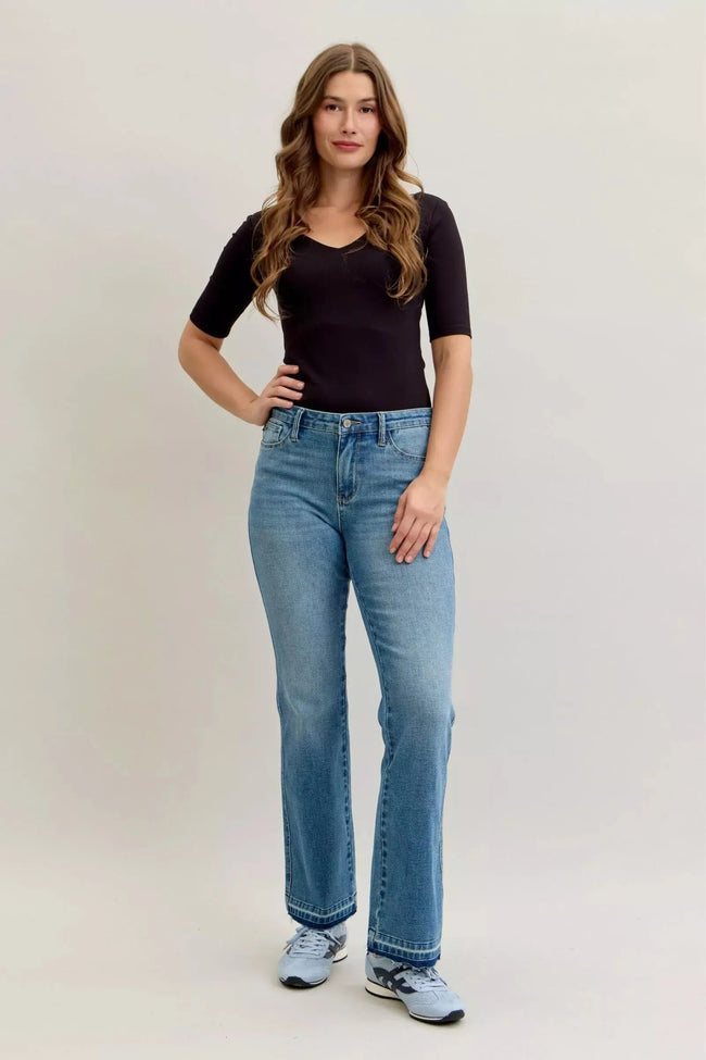 Judy Blue Full Size Mid Rise Slim Bootcut Tummy Control Release Hem Jeans  Style Ratio