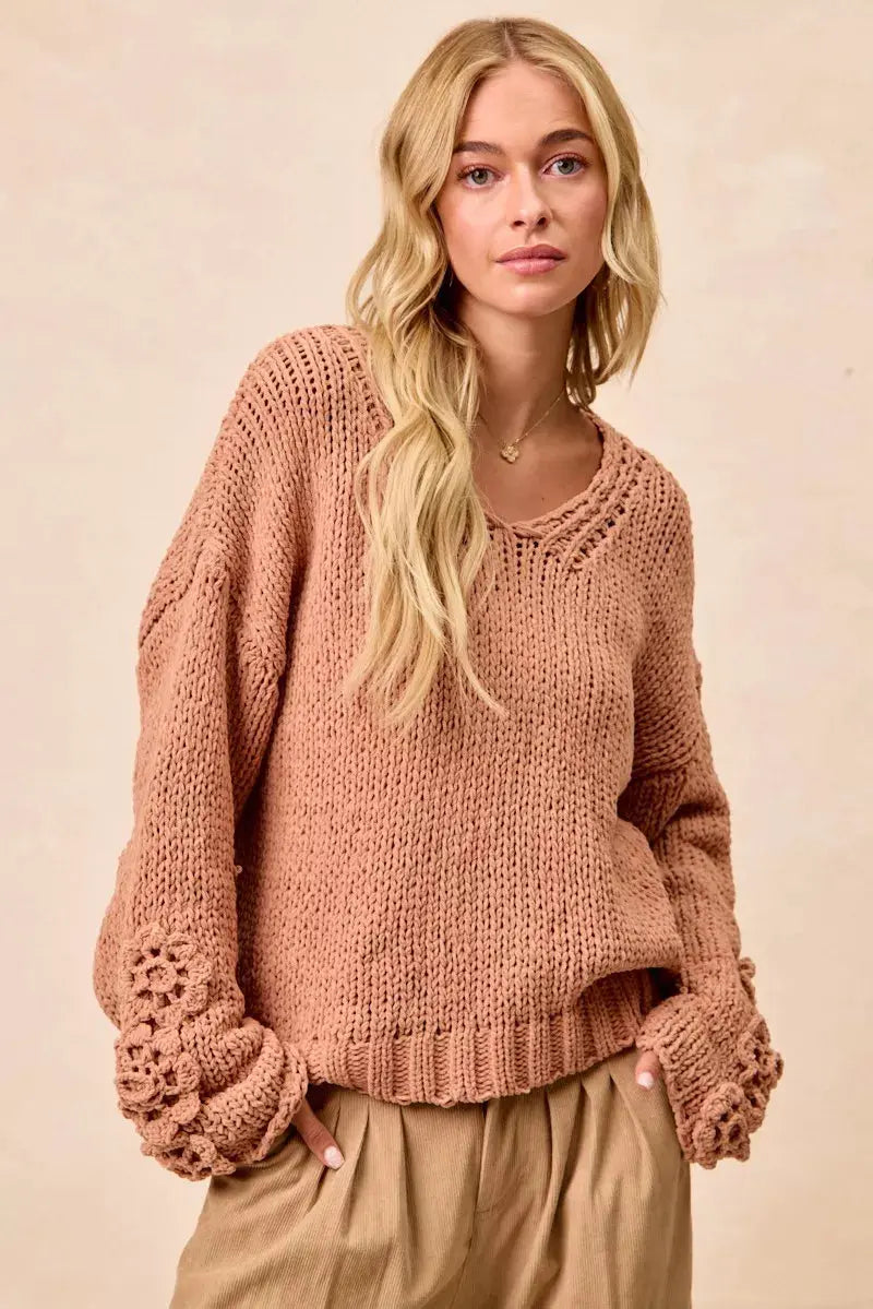 BiBi Chunky Knit Sweater with Flower Detail Sleeves  Style Ratio