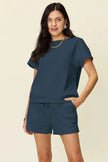 Double Take Full Size Texture Short Sleeve T-Shirt and Drawstring Shorts Set  Style Ratio