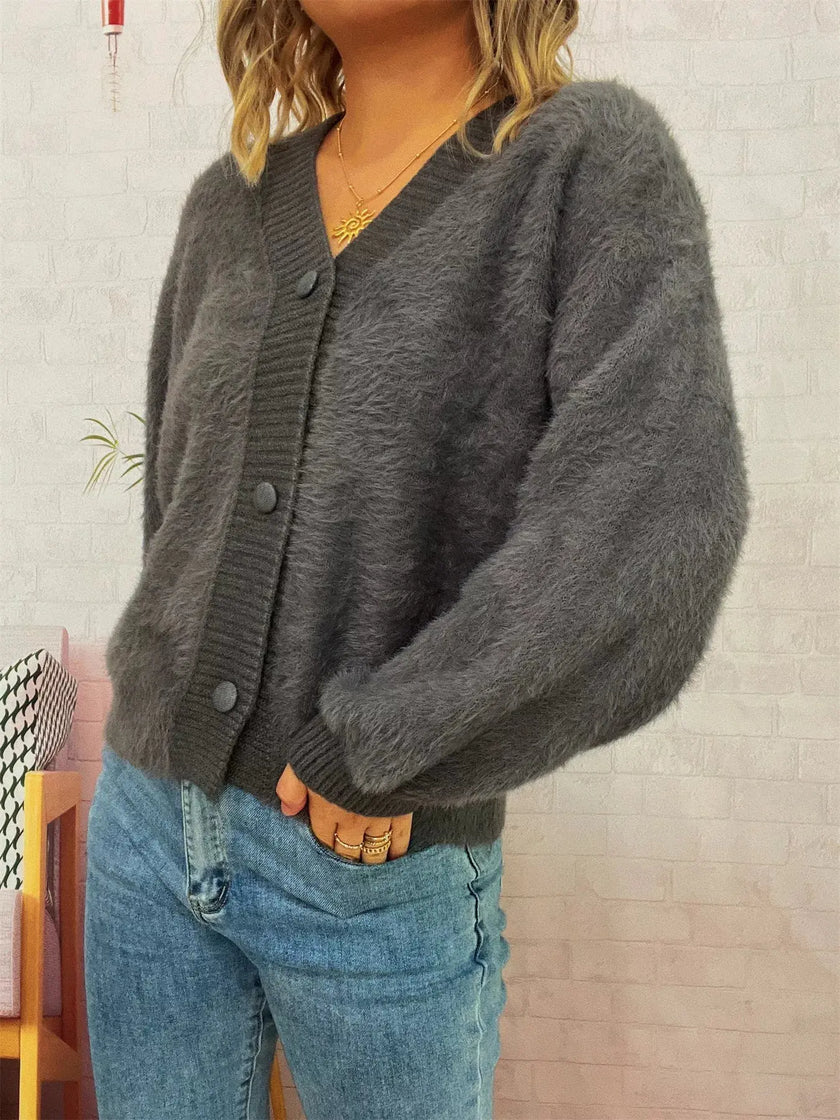 Fuzzy Button-Up Long Sleeve Cardigan  Style Ratio