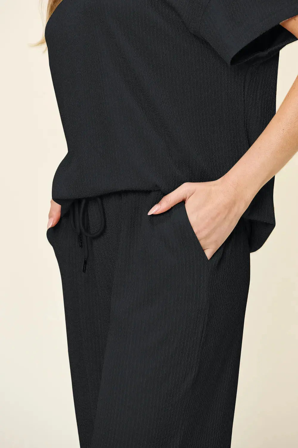 Double Take Texture Round Neck Short Sleeve Shirt and Wide Leg Pants  Style Ratio