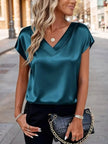 Satin V-Neck Short Sleeve Blouse  Style Ratio