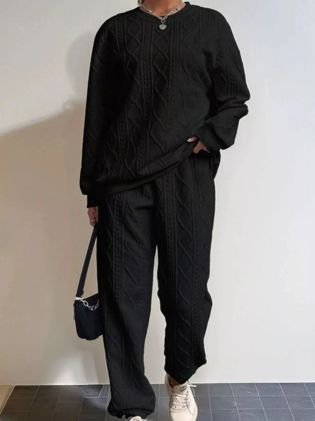 Texture Round Neck Top and Pants Loungewear  Style Ratio