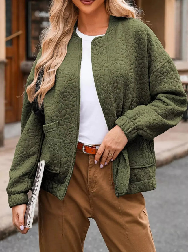 Full Size Floral Quilted Zip Up Jacket  Style Ratio