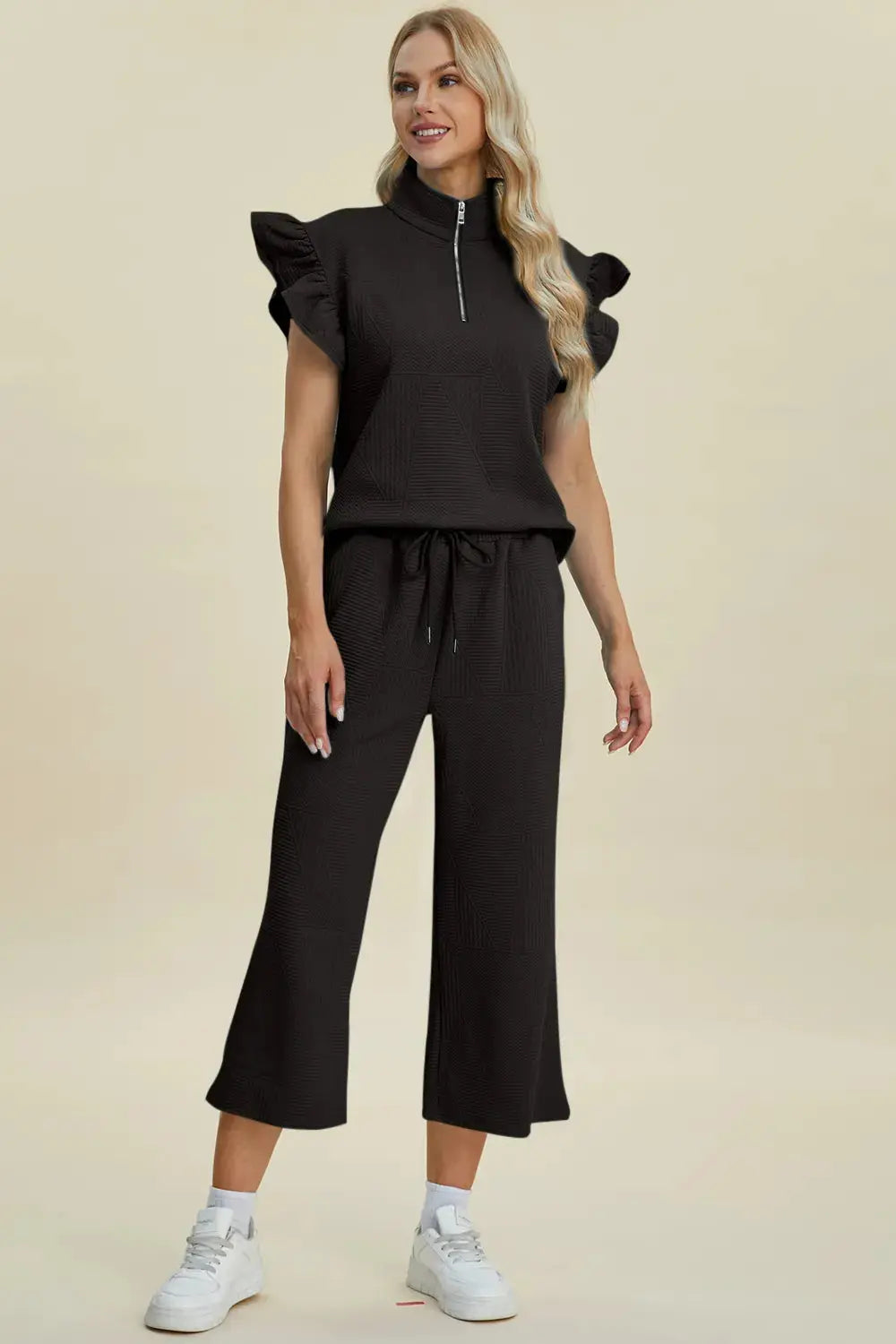 Double Take Full Size Texture Ruffle Short Sleeve Top and Wide Leg Pants Set  Style Ratio