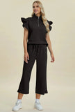Double Take Full Size Texture Ruffle Short Sleeve Top and Wide Leg Pants Set  Style Ratio