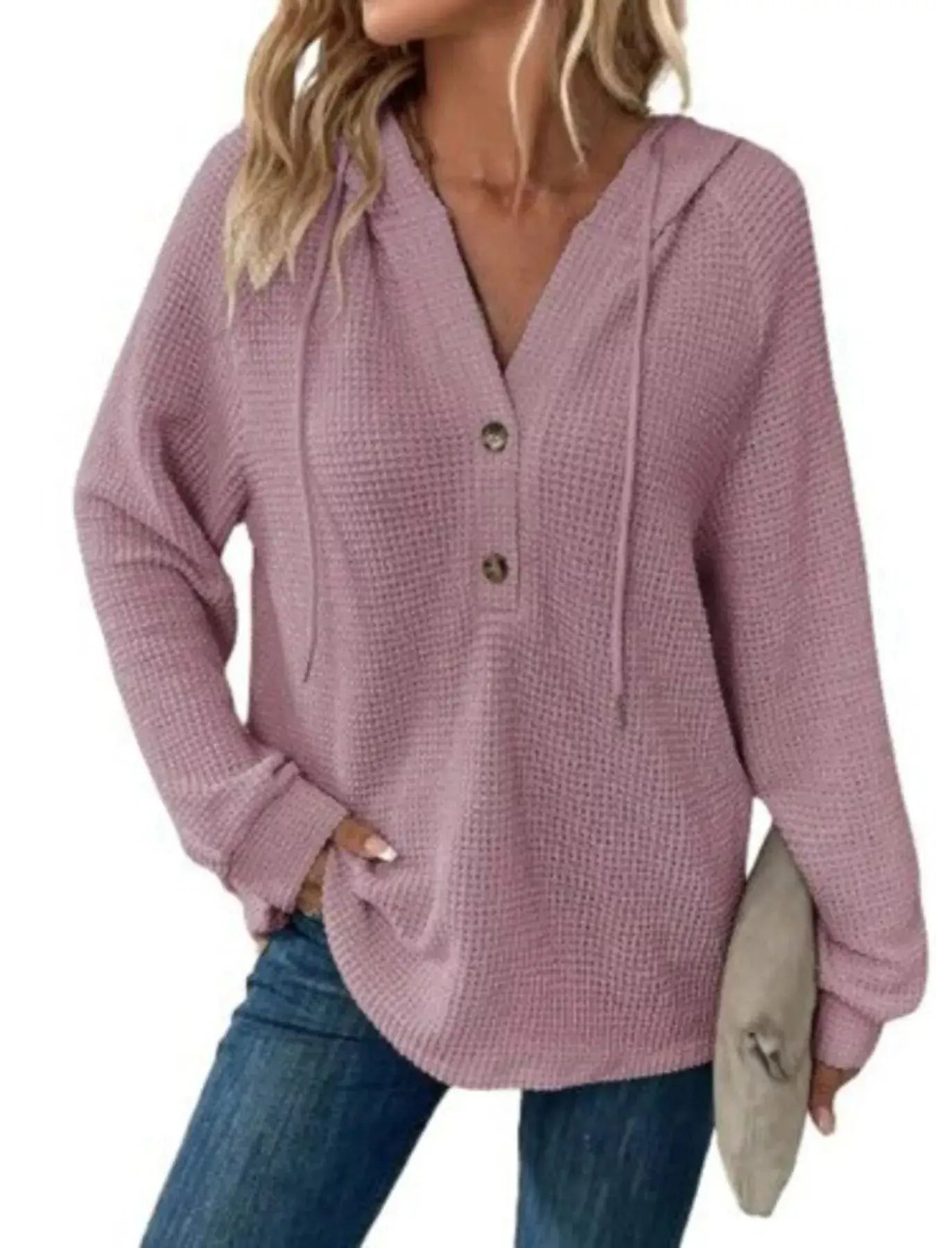 Full Size Button Detail Waffle Knit Hoodie  Style Ratio