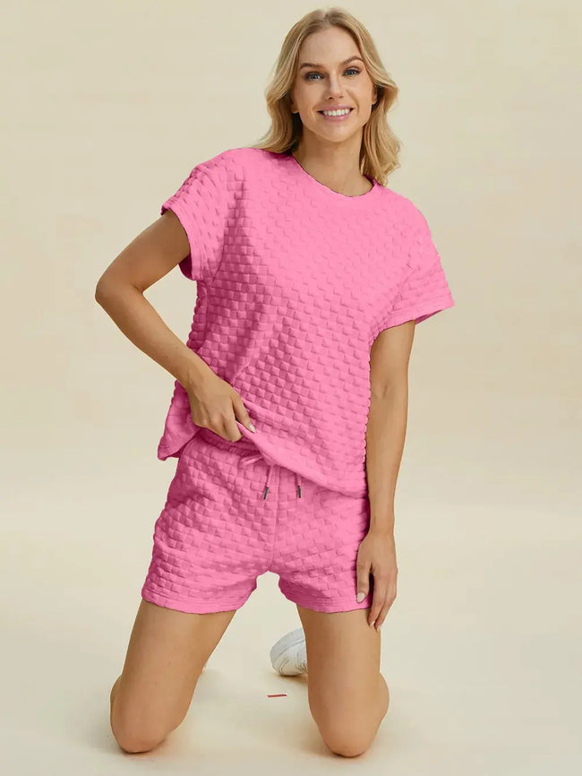 Double Take Full Size Texture T-Shirt and Shorts Set  Style Ratio