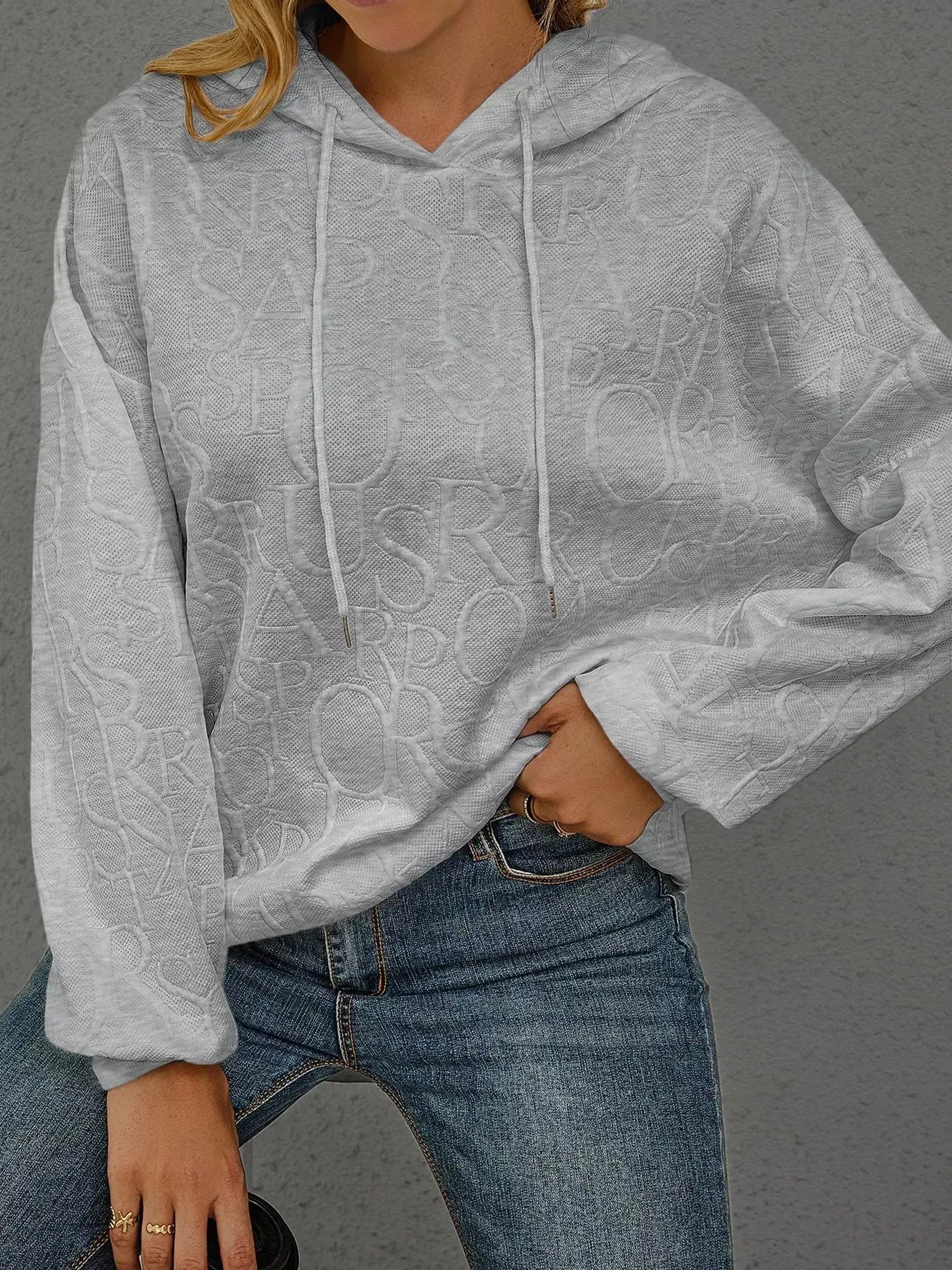 Full Size Embossed Lettering Casual Hoodie  Style Ratio