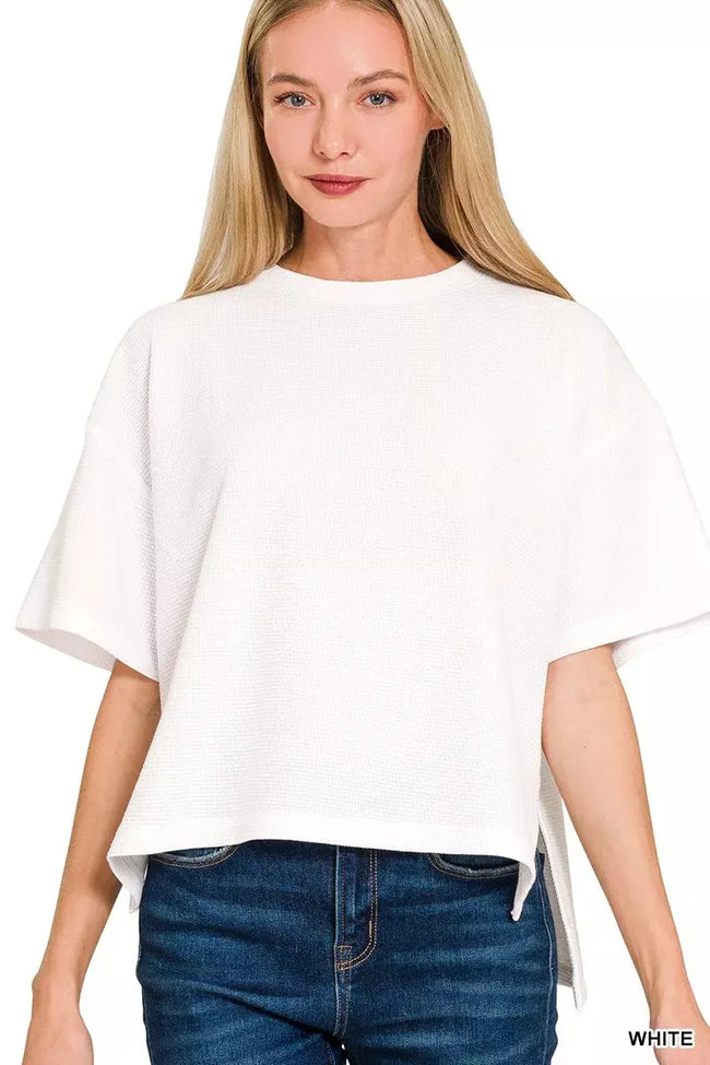 Zenana Full Size Double Knit Side Slits Hi Low Short Sleeve Shirt  Style Ratio