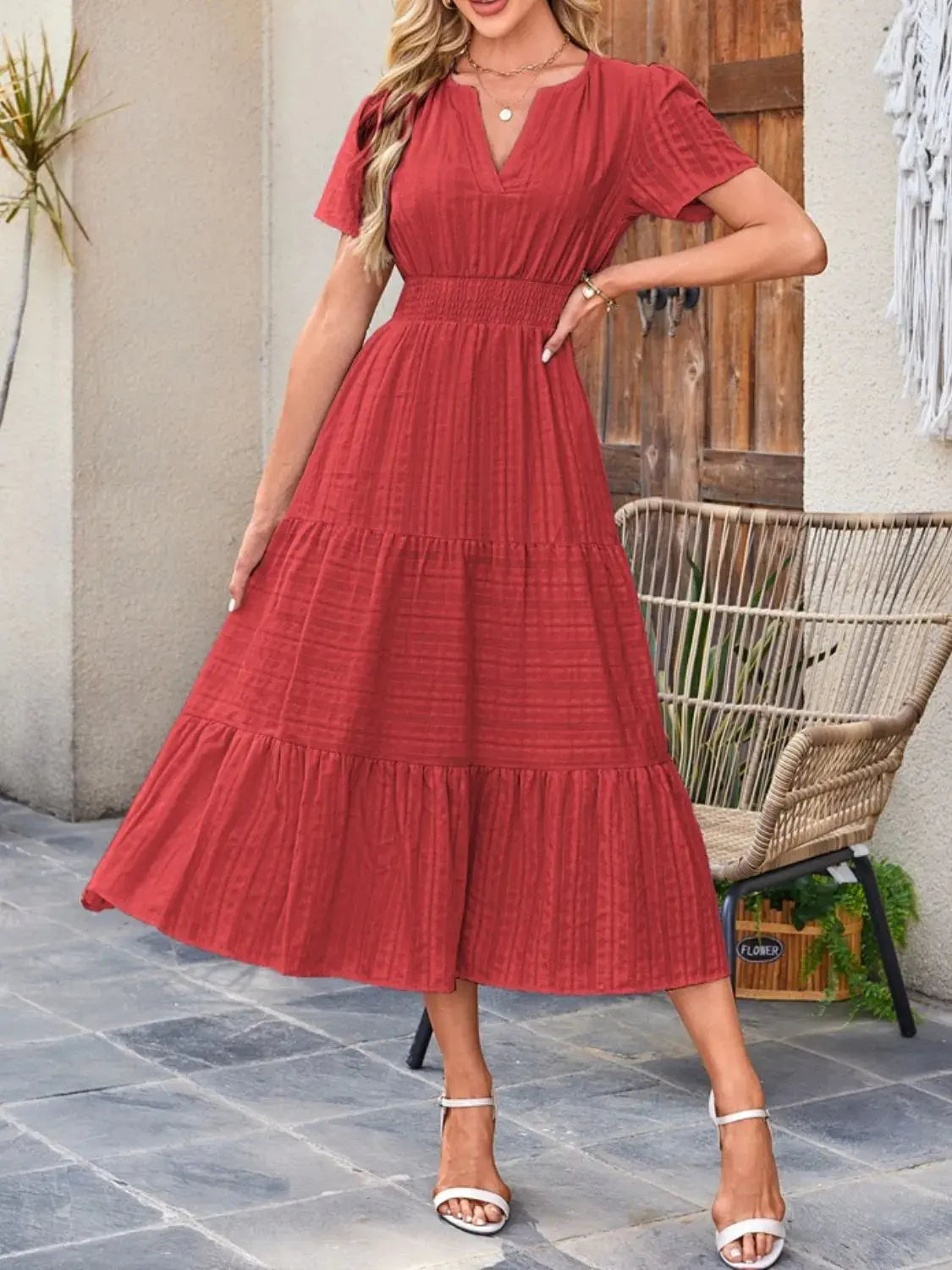 Tiered Notched Short Sleeve Dress  Style Ratio